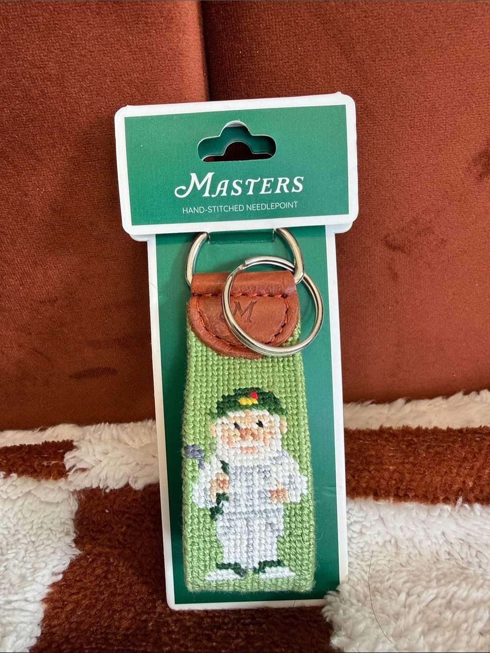 Masters Green Needlepoint Small Pets Key Fob with Brown Leather Trim